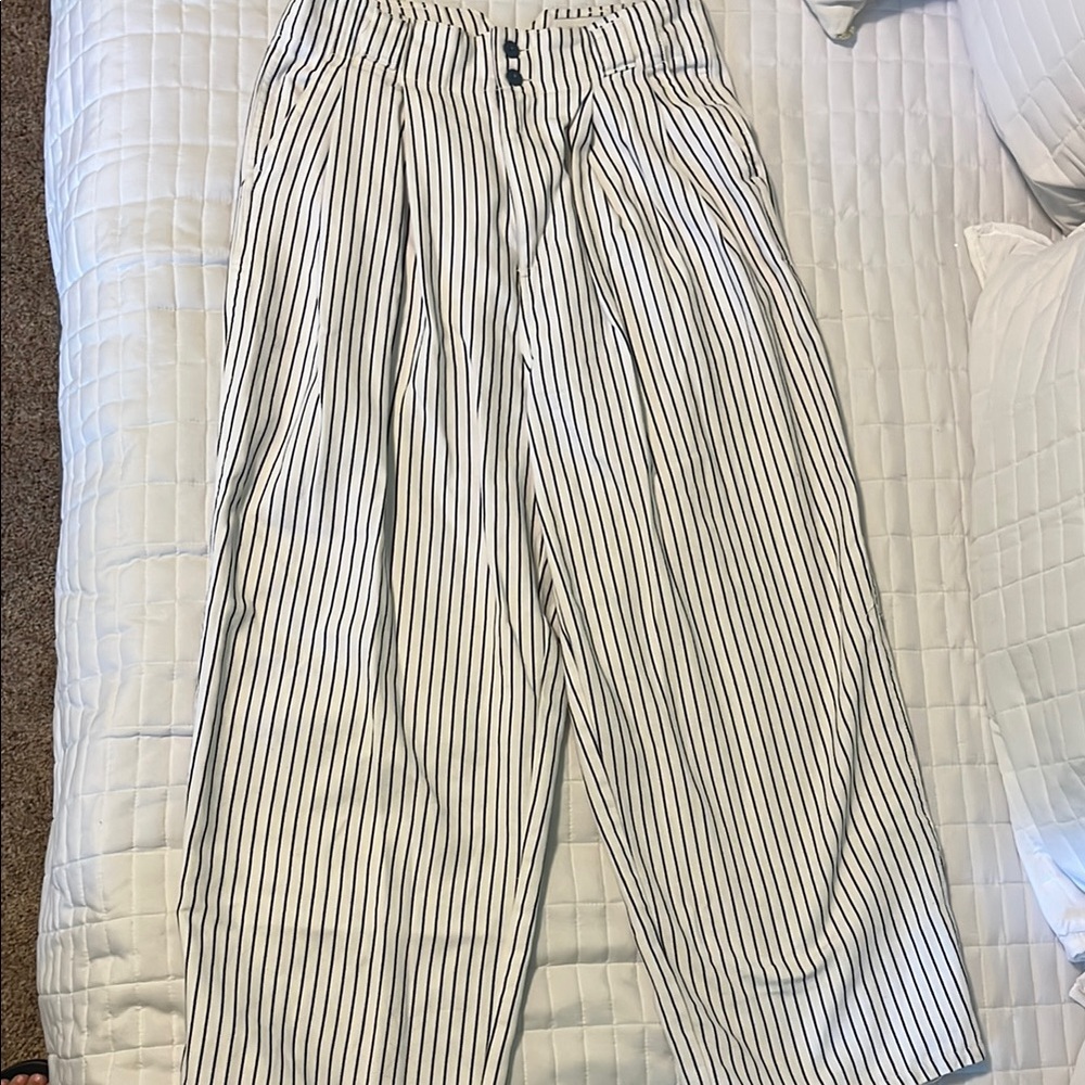 Urban Outfitters Navy and White Striped High Waisted Wide Leg Pants